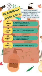 planning janvier 2026 ateliers DIY fabrication de savons et de cosmétiques bulles de breizh monterblanc morbihan 56